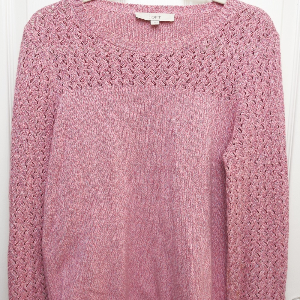 Loft Women's Sweater Size M Pink Marled Open Knit 100% Cotton Long Sleeve Crew